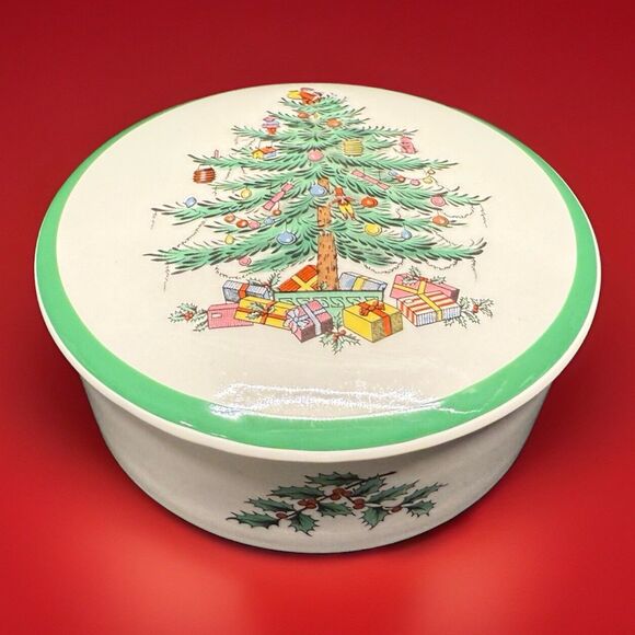 Vintage Spode Christmas Tree Covered Trinket Or Candy Dish ENGLAND 5” Diameter - Picture 1 of 8